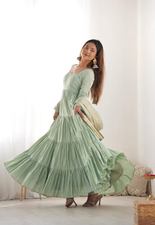 PURE ROMANSILK CHANDERI FABRIC FULLY FLAIR ANARKALI,WITH DUPPTA SET,PENT READY TO WEAR