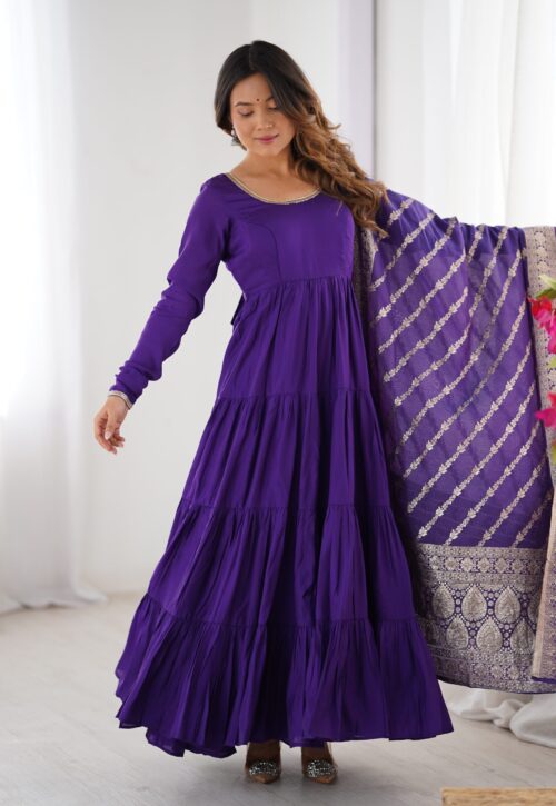 PURE ROMANSILK CHANDERI FABRIC FULLY FLAIR ANARKALI,WITH DUPPTA SET,PENT READY TO WEAR