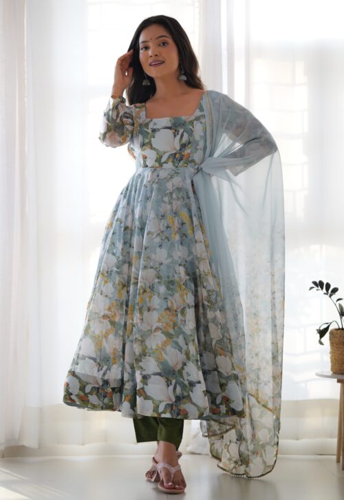 PURE SOFT ORGANJA SILK  FLORAL PRINT FABRIC FULLY FLAIR KALI PATTERN AND CANVAS PATTA WITH DUPPTA SET,PENT READY TO WEAR