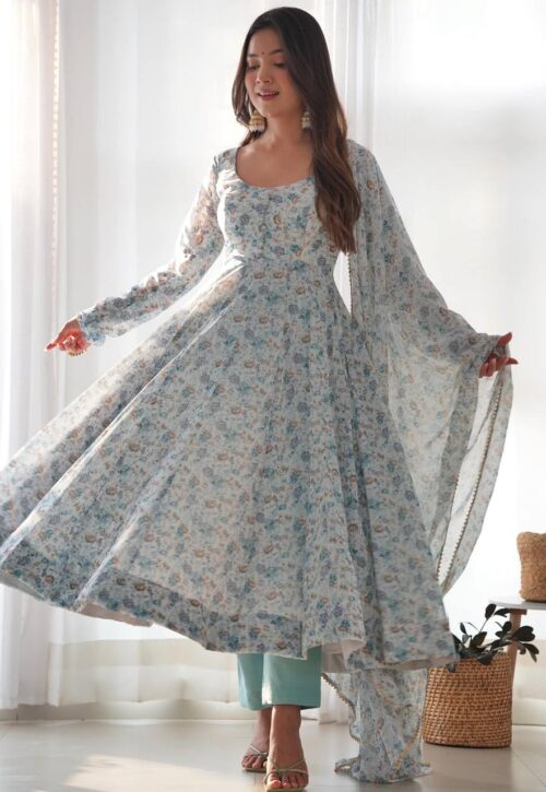 PURE ORANGE CHIFFON FLORAL PRINT FABRIC FULLY FLAIR ANARKALI,WITH DUPPTA SET,PENT READY TO WEAR