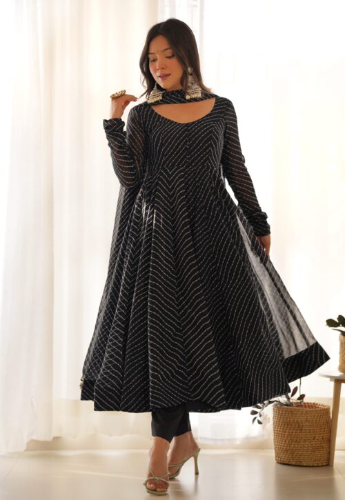 PURE FOX GEORGETTE LAHERIYA PRINT FABRIC FULLY FLAIR ANARKALI,WITH DUPPTA SET,PENT READY TO WEAR