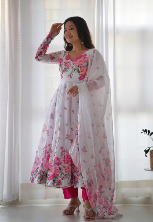 PURE SOFT ORGANJA SILK FABRIC FULLY FLAIR KALI PATTERN AND CANVAS PATTA WITH DUPPTA SET ,PENT READY TO WEAR