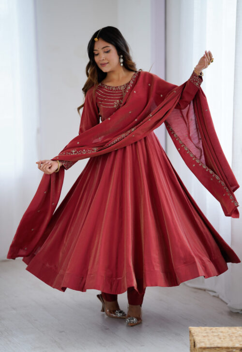 PRESENTING NEW HIGH PREMIUM QUALITY PURE ROMANSHIMMER CHANDERI SILK FABRIC FULLY FLAIR ANARKALI,WITH DUPPTA SET,PENT READY TO WEAR