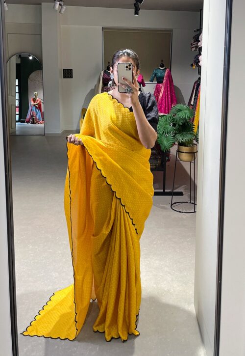 Mustard Yellow Scallop Border Chiffon Saree