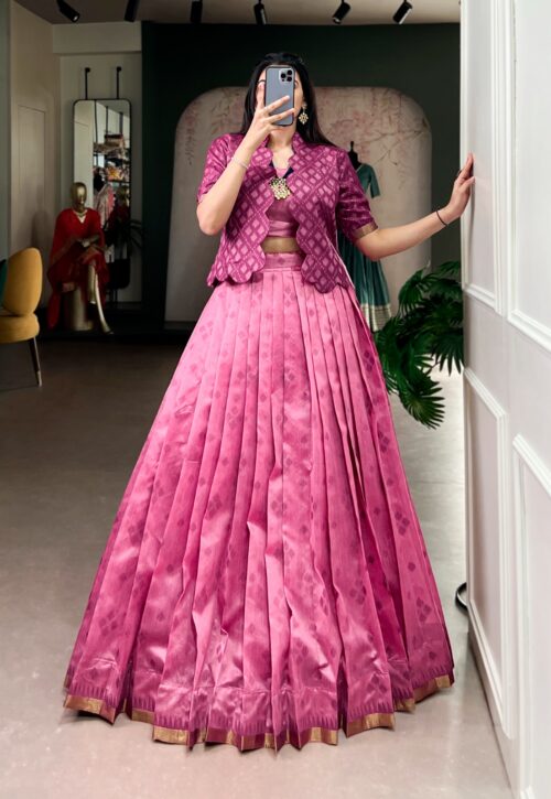 Rose Pink Ikat Jacket Style Lehenga Set