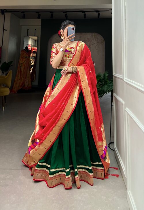 Emerald Green & Red Silk Patola Lehenga Set