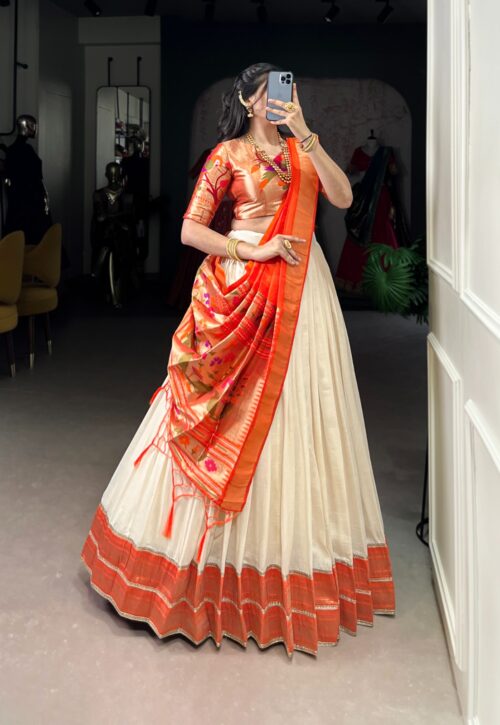White & Orange Silk Patola Lehenga Set