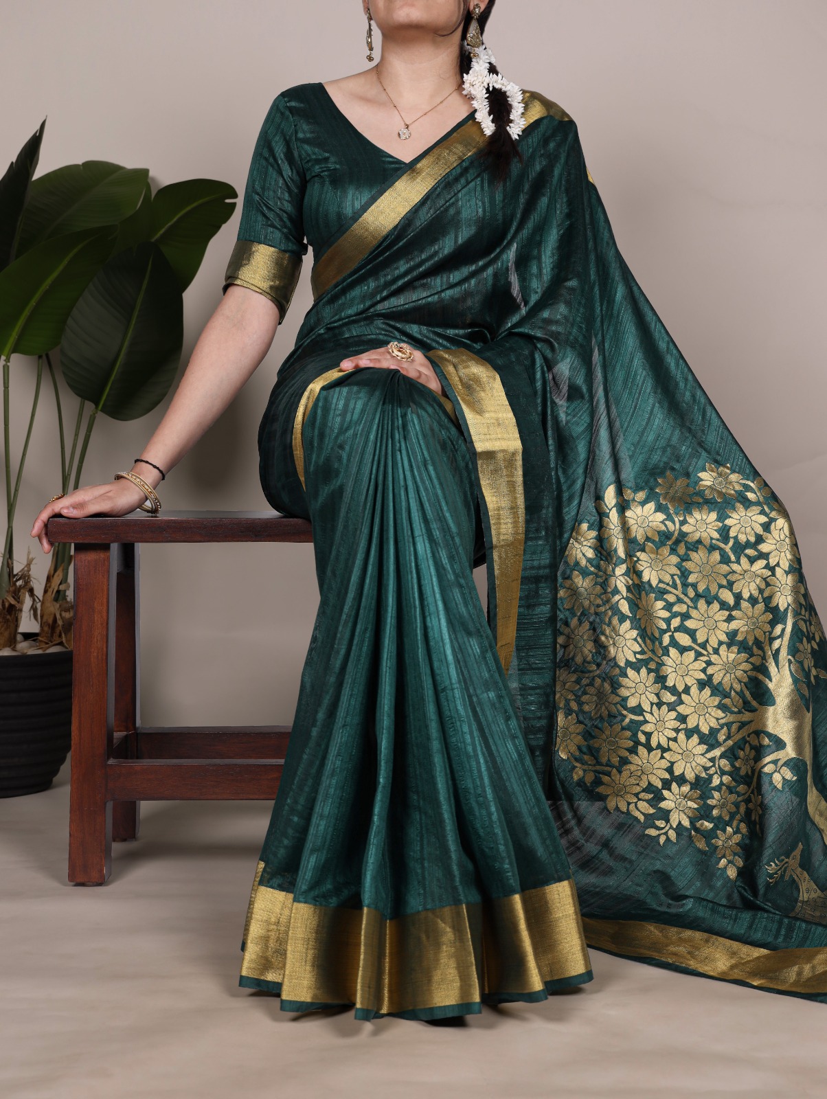 Elegant Bottle Green Chanderi Silk Saree with Antique Gold Zari Floral Tree Motif and Border