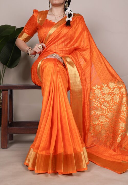 Royal Orange Kanjivaram Silk Saree with Golden Floral Pallu