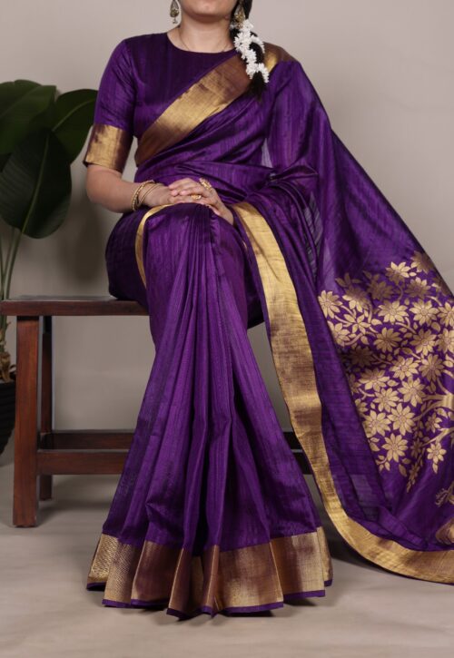 Royal Purple Kanjivaram Silk Saree with Heavy Golden Floral Pallu