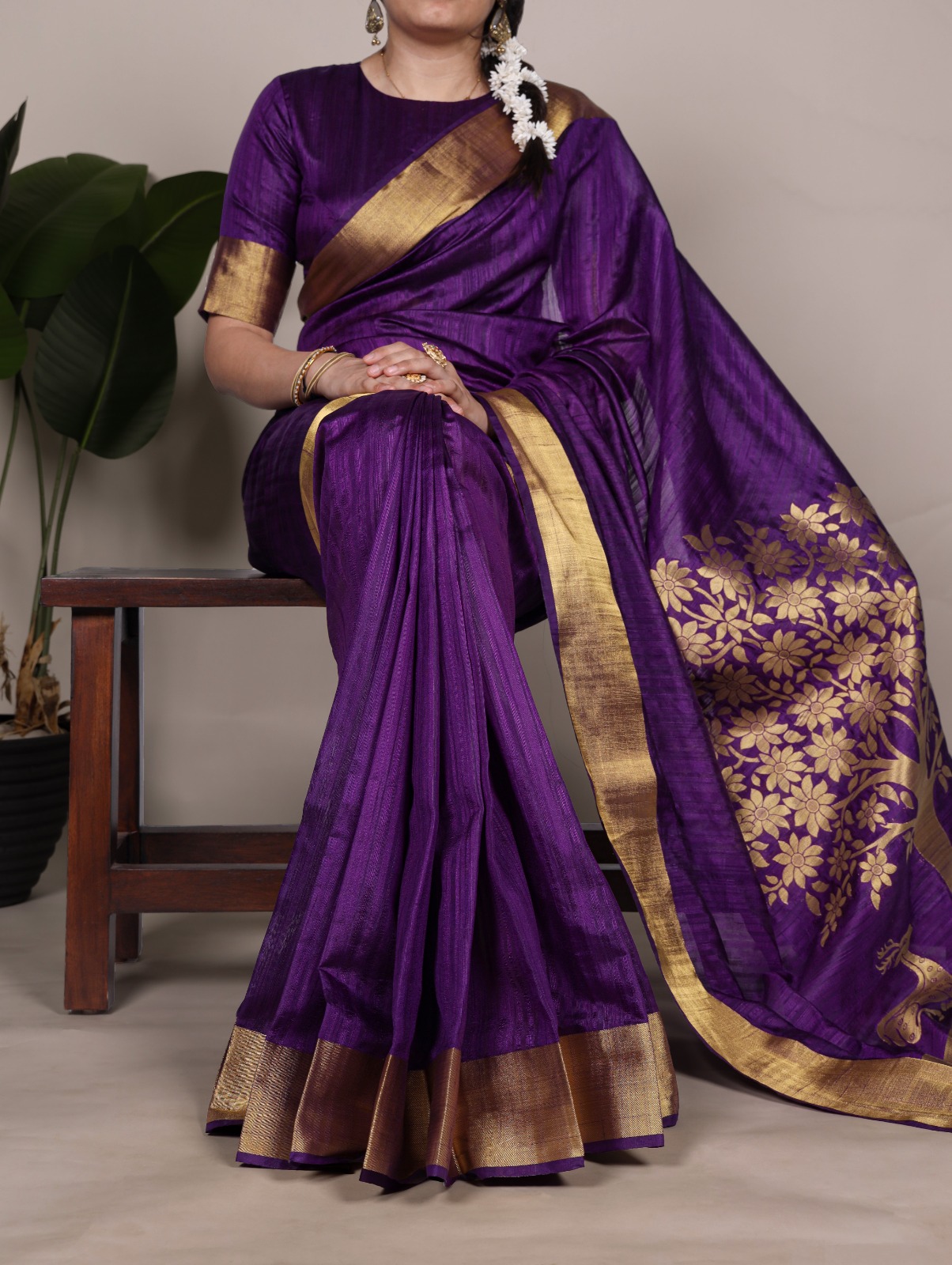 Royal Purple Kanjivaram Silk Saree with Heavy Golden Floral Pallu