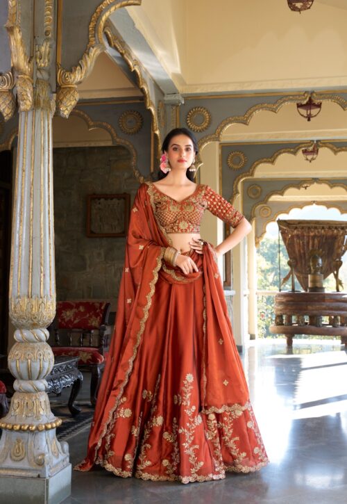 Red Orange Royal Embroidered Bridal Lehenga Choli with Dupatta