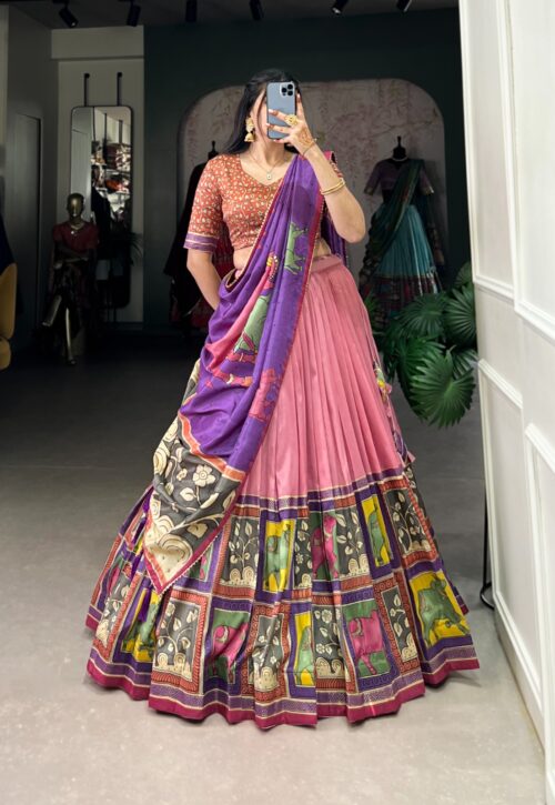 Royal  Peach Kalamkari Printed Lehenga Choli Set