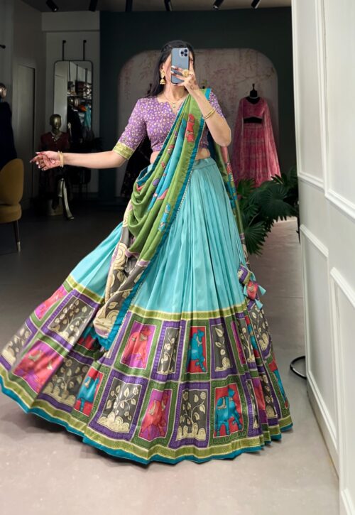 Peacock Blue Kalamkari Lehenga Choli Set with Olive Green Dupatta