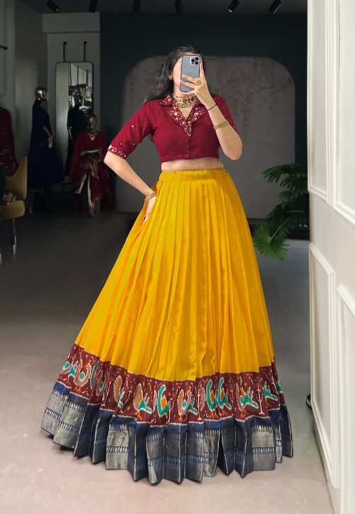Mustard Yellow Pleated Lehenga with Maroon Embroidered Blouse