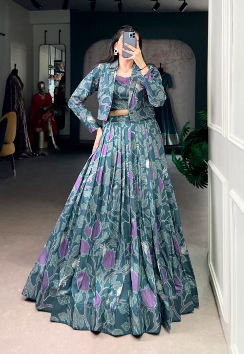 Midnight Bloom Printed Lehenga Set with Jacket & Crop Top