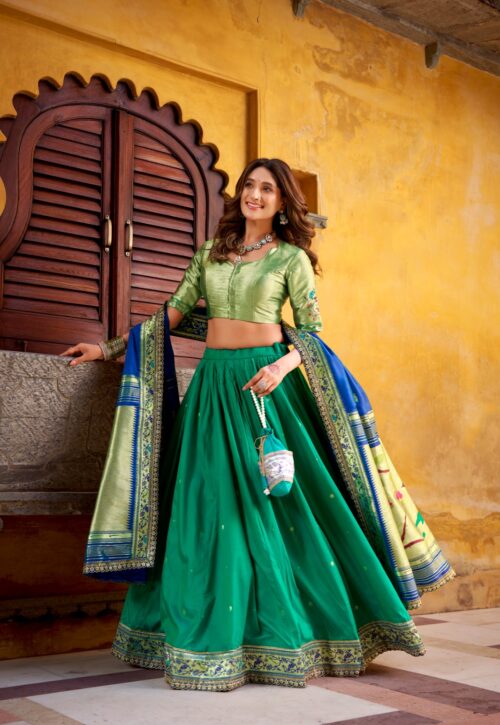 Emerald Royal Banarasi Lehenga Choli with Contrast Dupatta
