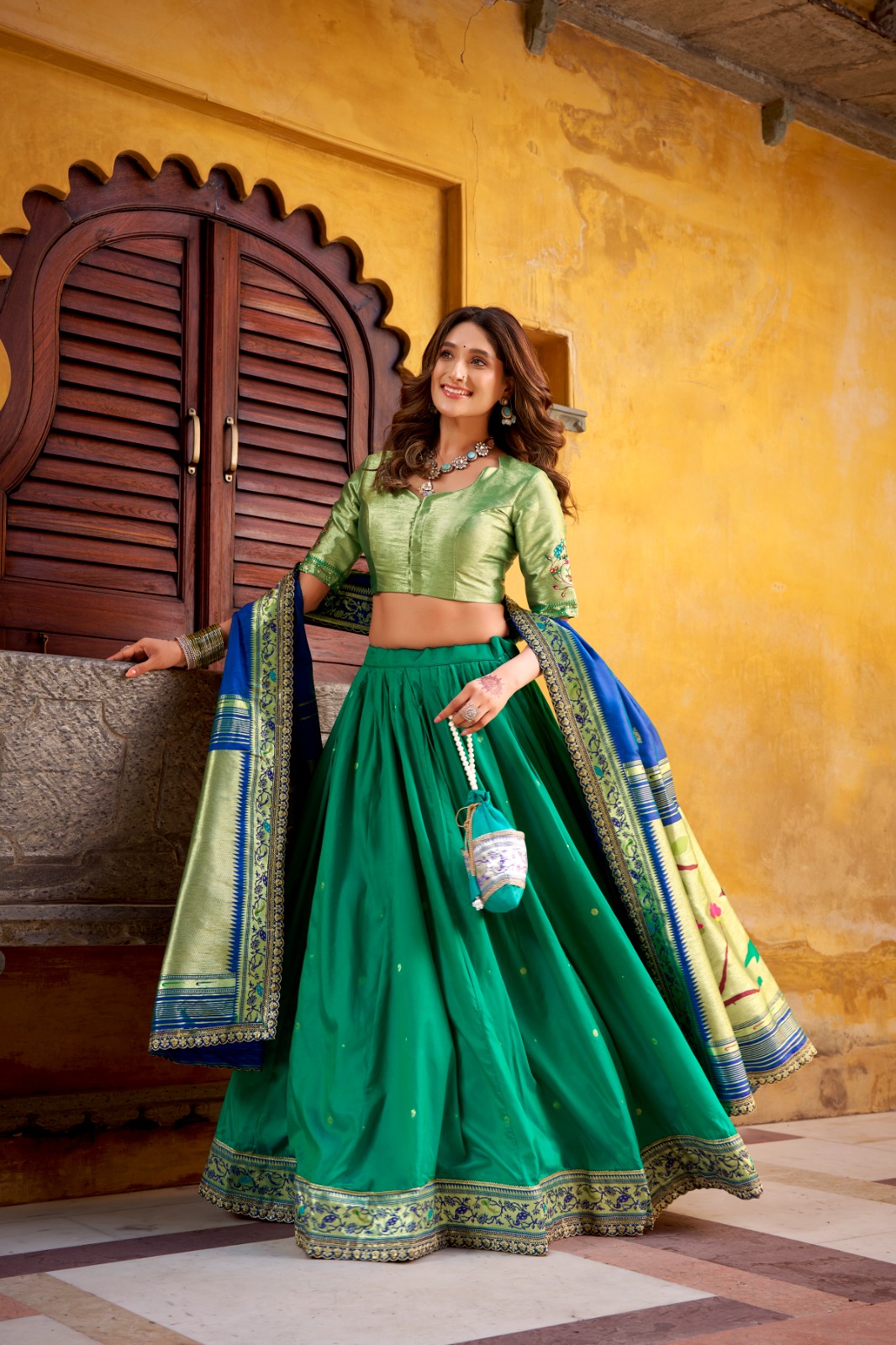 Emerald Royal Banarasi Lehenga Choli with Contrast Dupatta