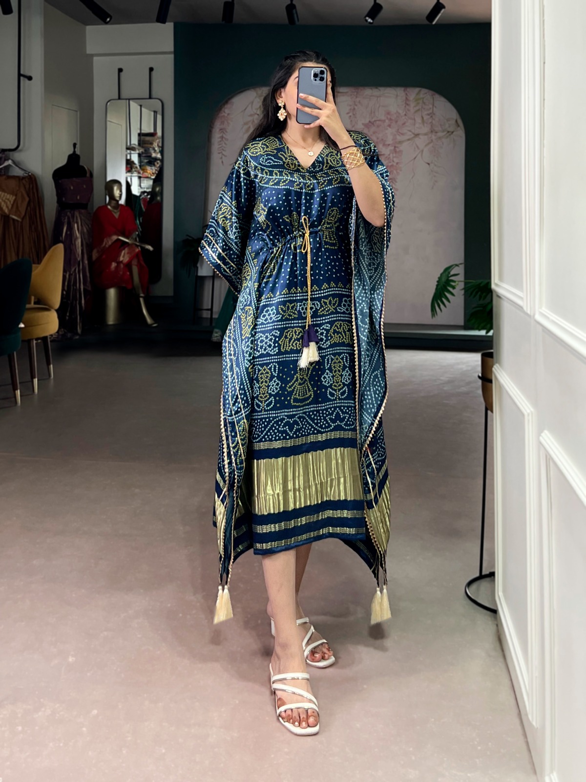 Midnight Blue Bandhani Print Kaftan Kurti