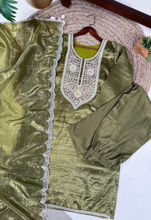 PISTA Silk Chanderi Hand-Embroidered Kurti with Scalloped Dupatta