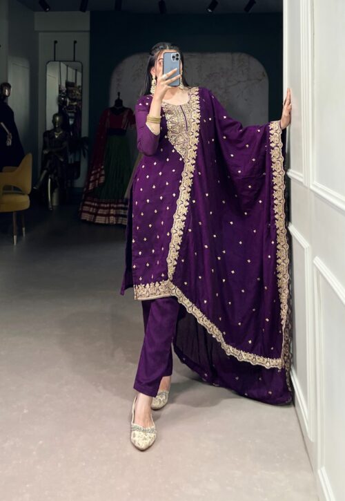 Royal Amethyst Embroidered Kurta Set with Dupatta